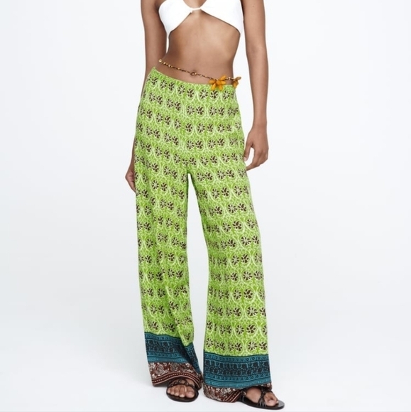 New Zara Full Length Printed High Waist Wide Leg Boho Green Pants NWT - Picture 4 of 13